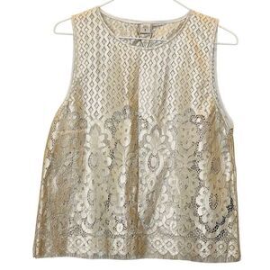 NWT Zara Collection Crew Neck Sleeveless Metallic Coated Lace Tank Gold Small